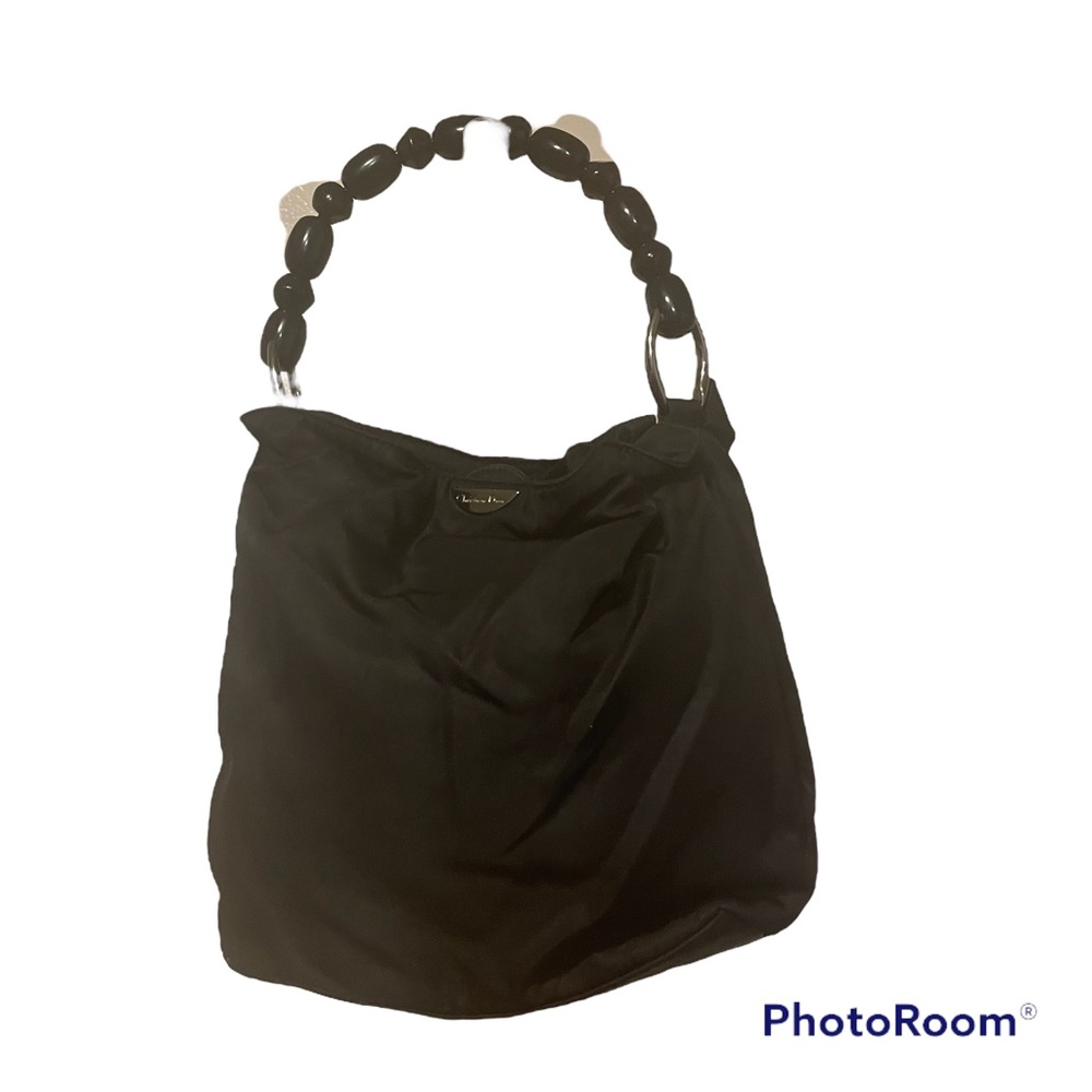 Authentic Christian Dior Black Nylon Beaded Handle Hobo Bag